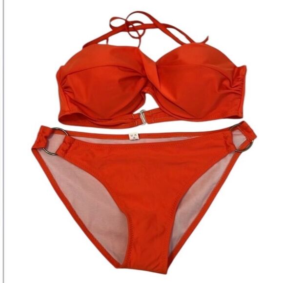 NWOT szL orange bikini structured cups removable halter straps bottom side rings - Picture 1 of 12